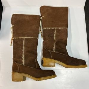 Vintage 70s 80s | Zodiac | Brown Suede Leather Sherpa Knee High Boots Block Heel